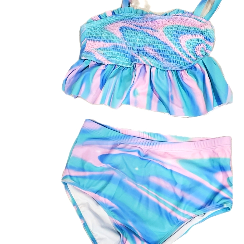 MODLILY® Ruffle Ombre Multi Color Bikini Set Crop Top and Skirt Set - Picture 3 of 4
